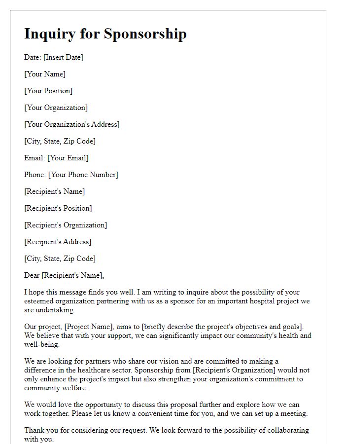 Letter template of inquiry for hospital project sponsorship