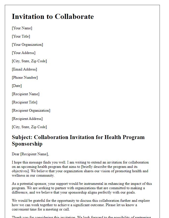 Letter template of collaboration invitation for health program sponsorship