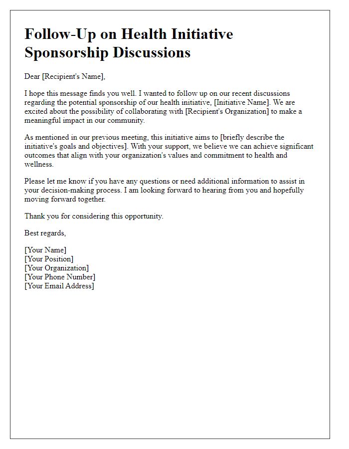 Letter template of follow-up on health initiative sponsorship discussions