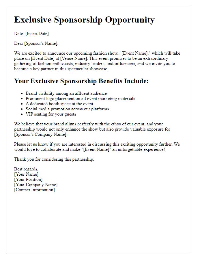 Letter template of exclusive sponsorship opportunity for a fashion show.