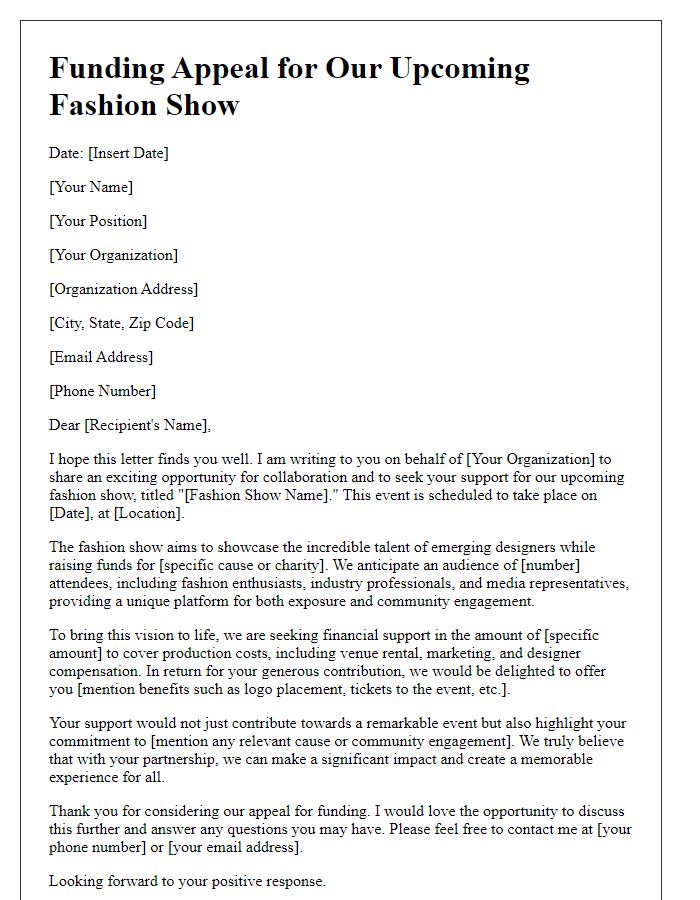 Letter template of funding appeal for a fashion show.