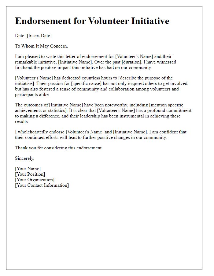 Letter template of endorsement for noteworthy volunteer initiatives