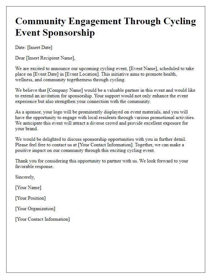 Letter template of community engagement through cycling event sponsorship.