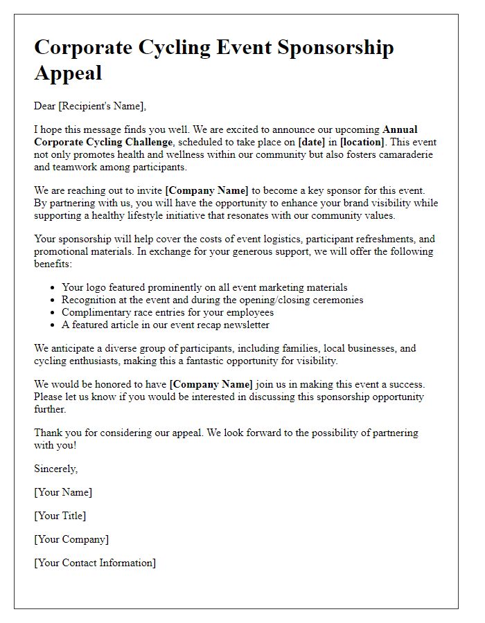 Letter template of corporate cycling event sponsorship appeal.