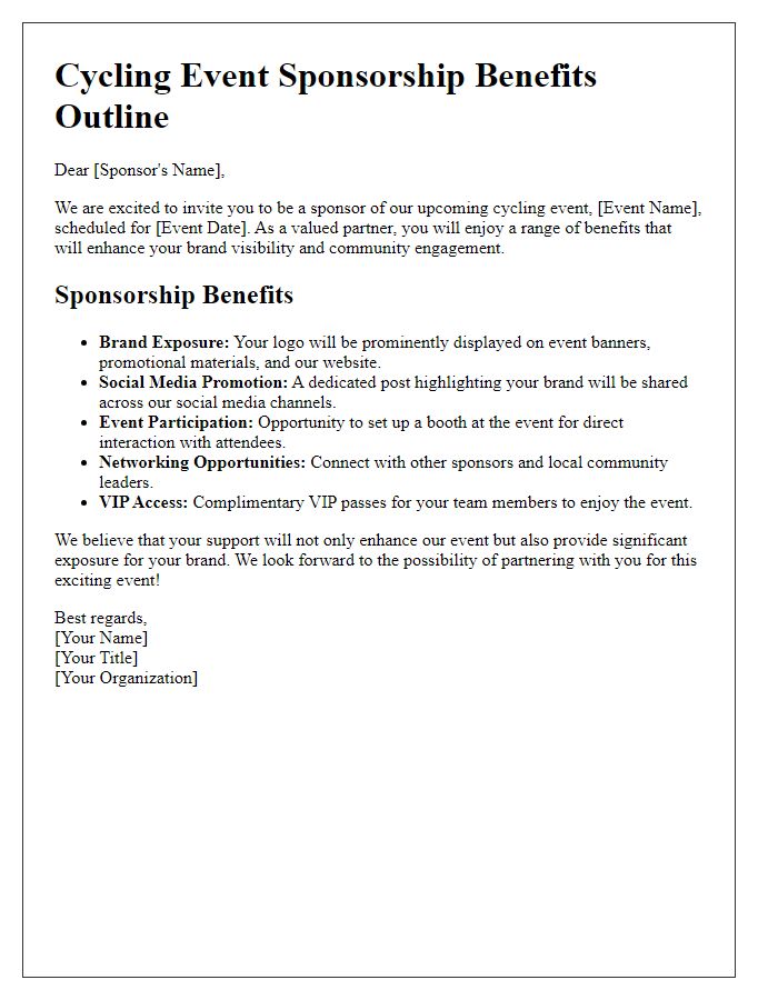 Letter template of cycling event sponsorship benefits outline.