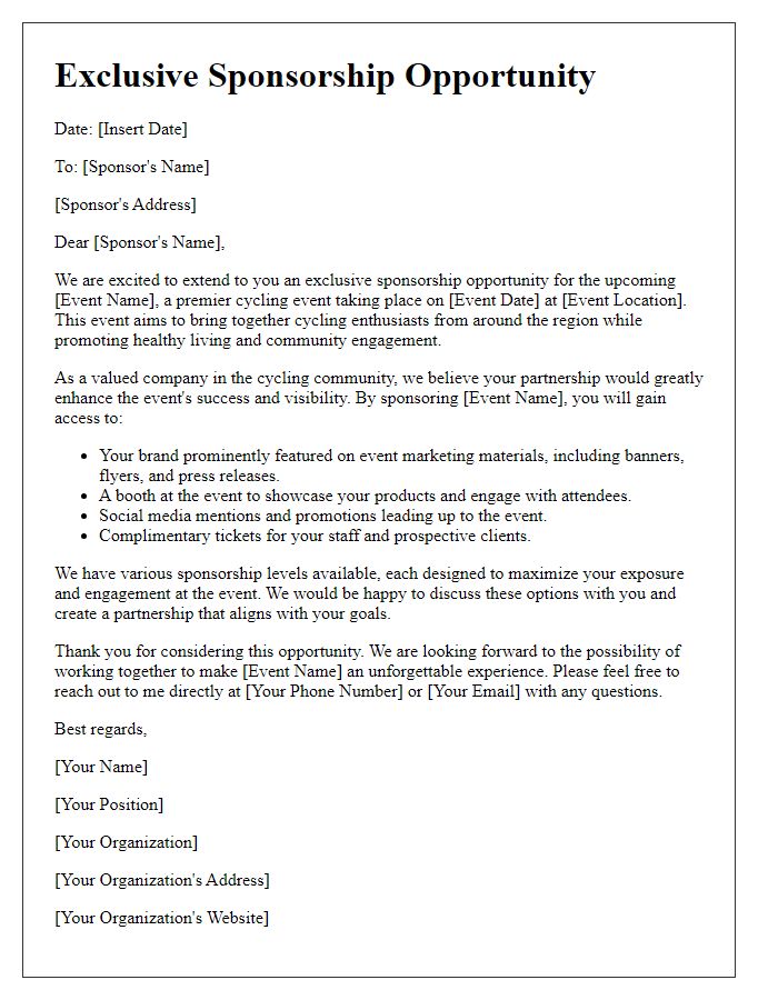 Letter template of exclusive cycling event sponsorship offer.