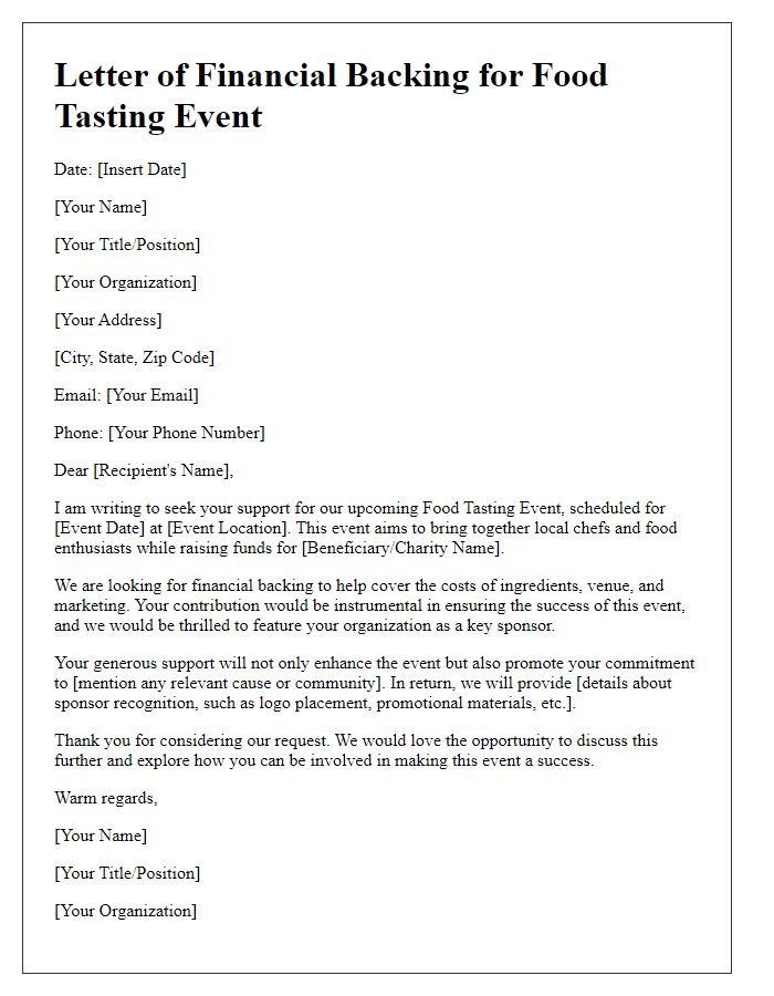 Letter template of financial backing for food tasting event