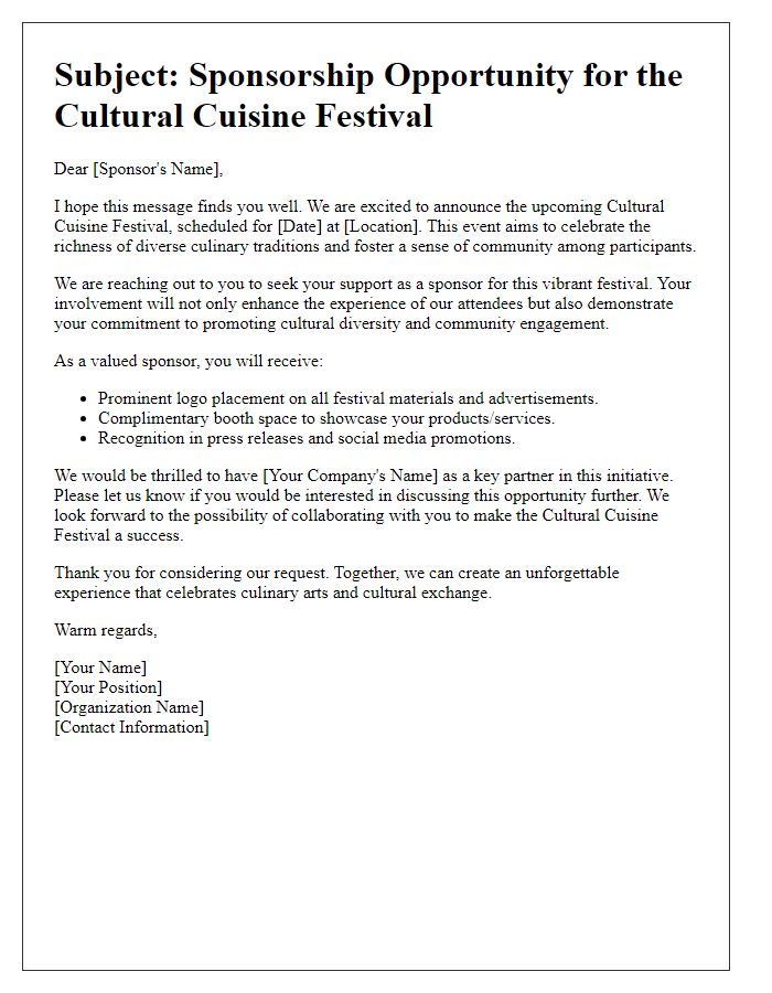 Letter template of sponsorship appeal for cultural cuisine festival