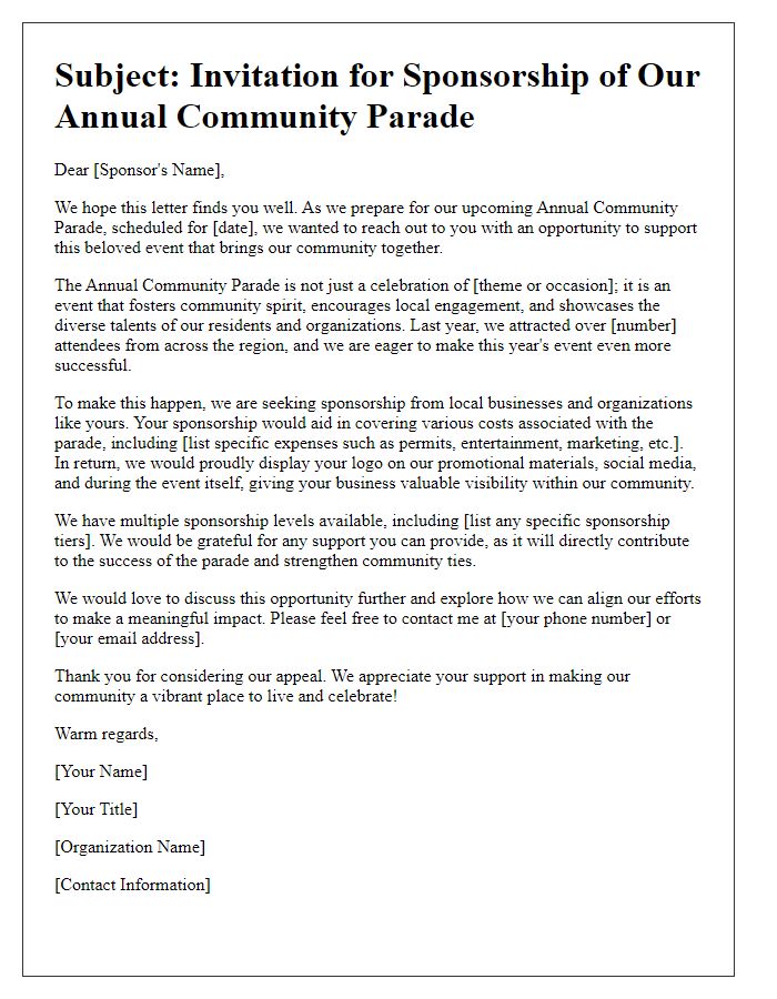 Letter template of parade sponsorship appeal for community engagement