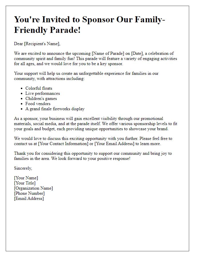 Letter template of parade sponsorship invitation for family-friendly activities