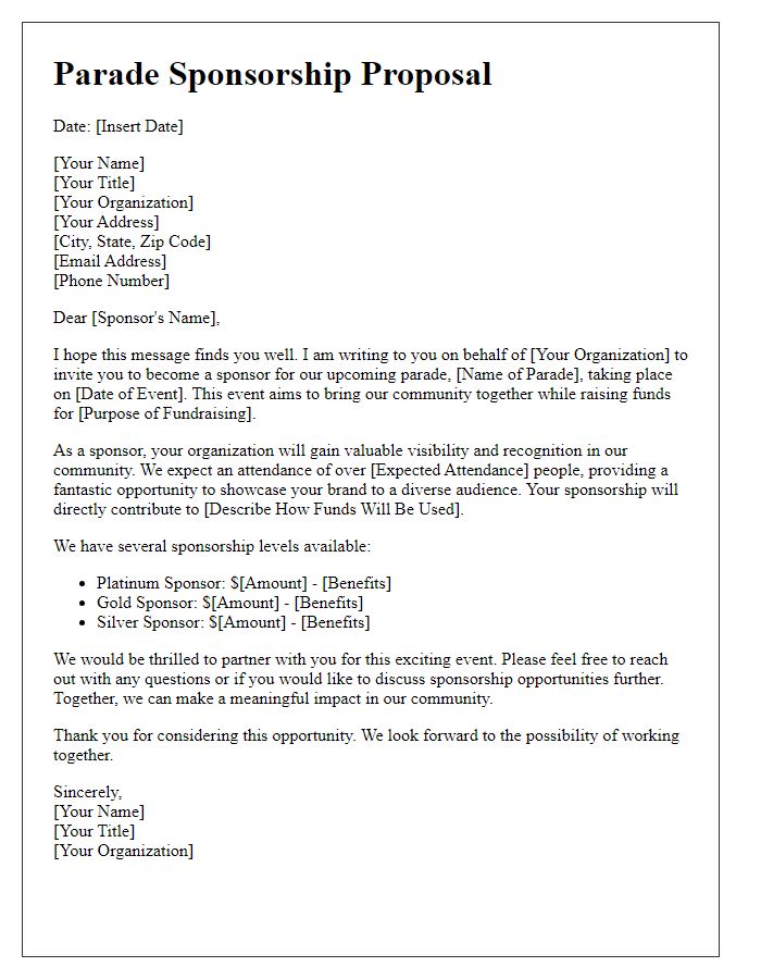 Letter template of parade sponsorship proposal for fundraising events