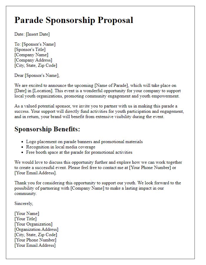 Letter template of parade sponsorship proposal for youth organizations