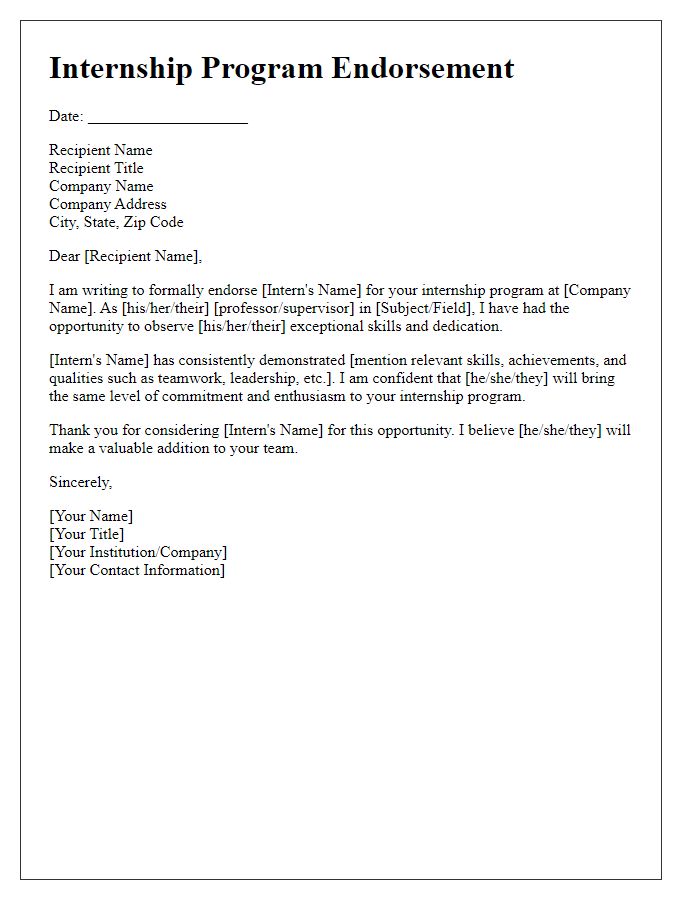 Letter template of internship program endorsement