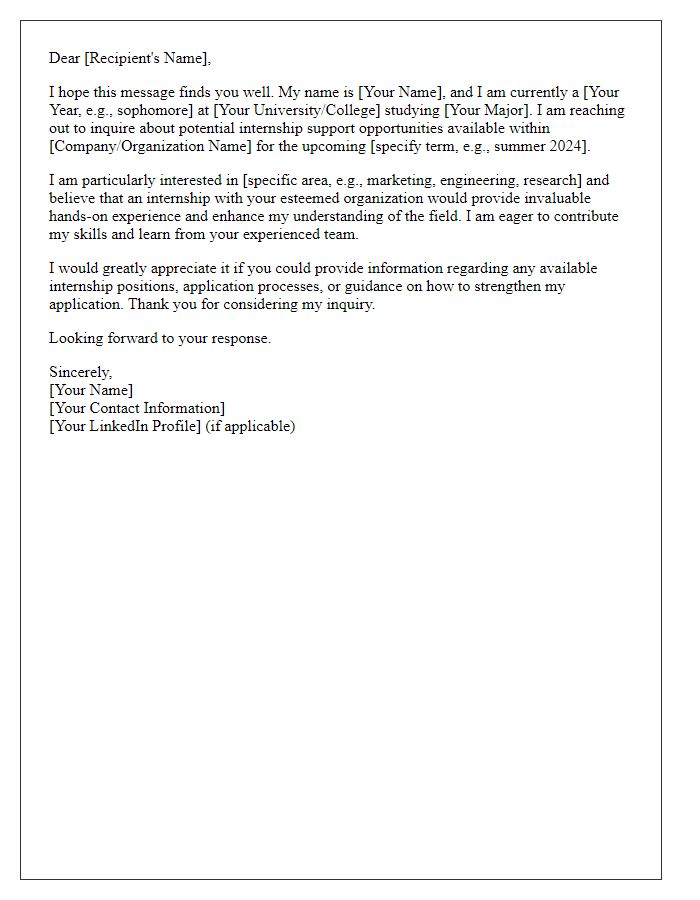 Letter template of internship support inquiry