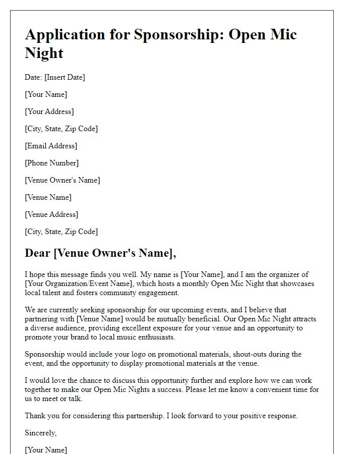 Letter template of application for open mic night venue sponsorship