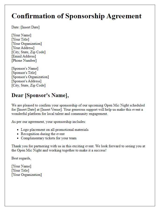 Letter template of confirmation for open mic night sponsorship agreement