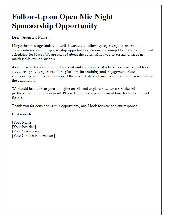 Letter template of follow-up for open mic night sponsorship discussions