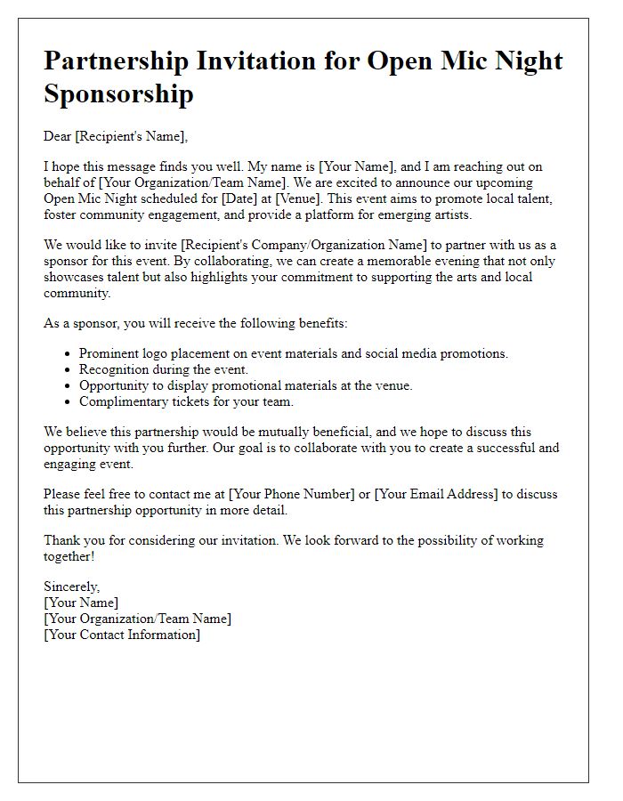 Letter template of partnership invitation for open mic night sponsorship