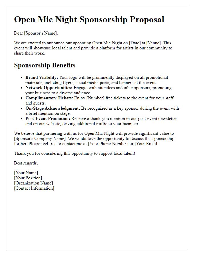 Letter template of promotional benefits for open mic night sponsorship