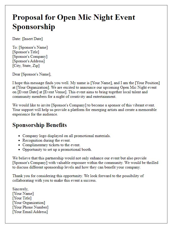 Letter template of proposal for open mic night event sponsorship