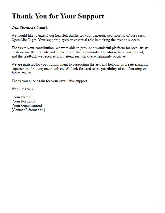 Letter template of thank you for open mic night sponsorship support