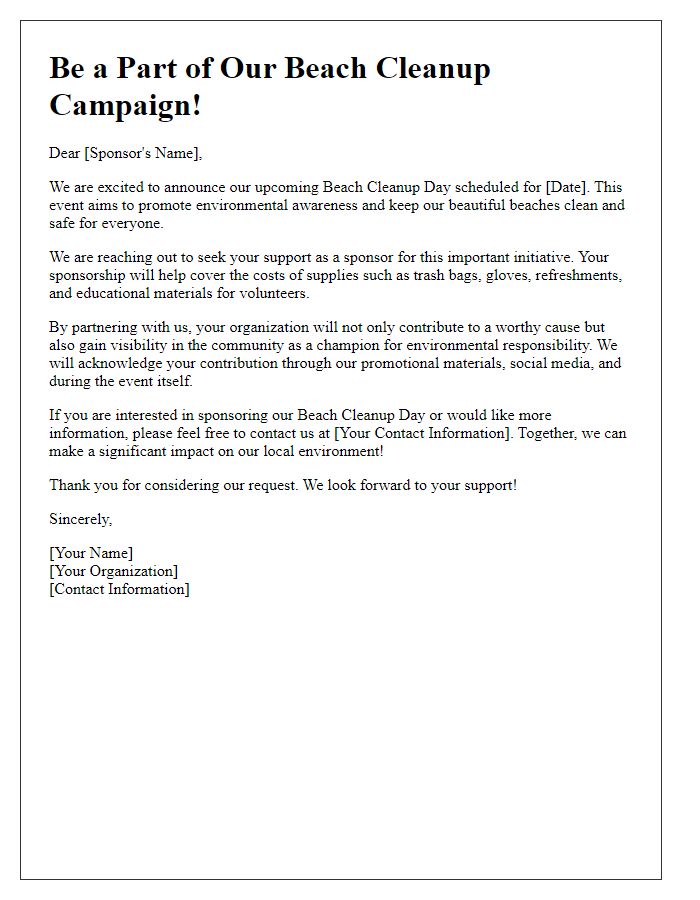 Letter template of awareness campaign for beach cleanup sponsorship