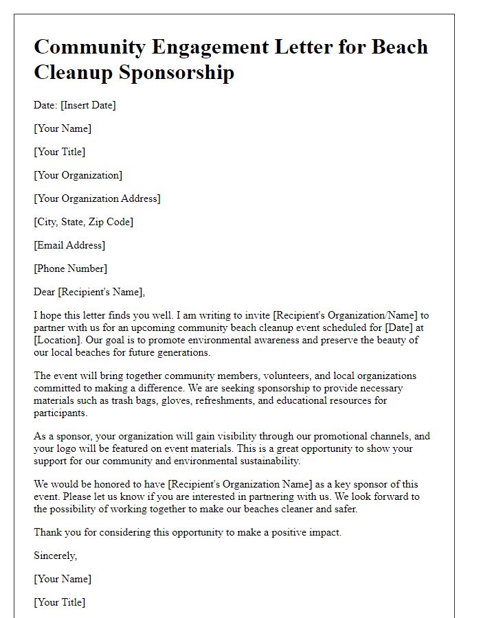 Letter template of community engagement for beach cleanup sponsorship