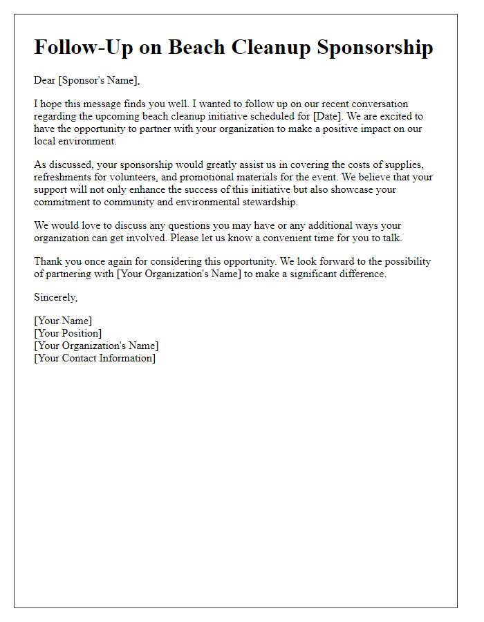 Letter template of follow-up for beach cleanup sponsorship