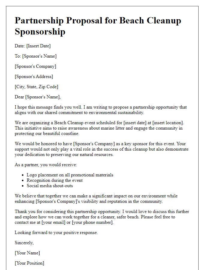 Letter template of partnership for beach cleanup sponsorship