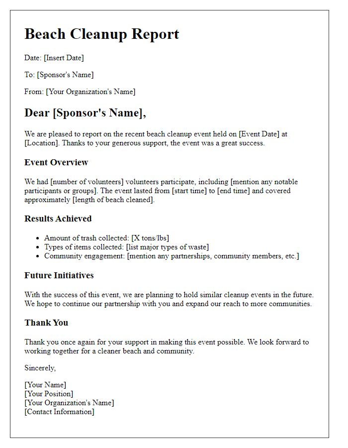 Letter template of report to sponsors on beach cleanup