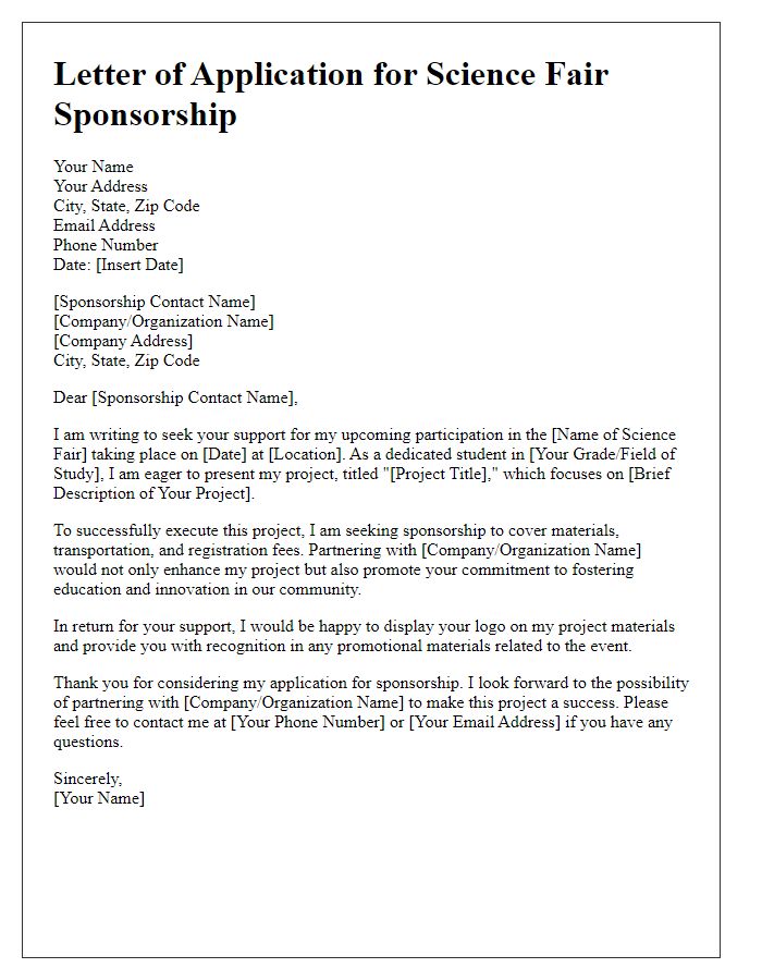 Letter template of application for science fair sponsorship