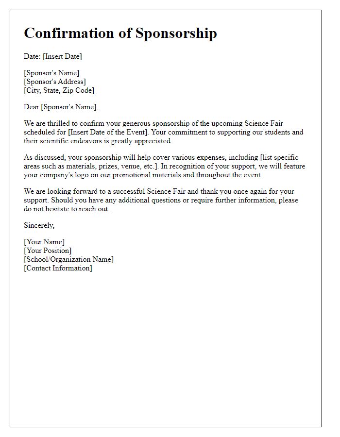 Letter template of confirmation for science fair sponsorship