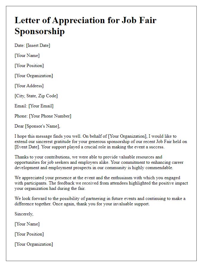 Letter template of Appreciation for Job Fair Sponsorship