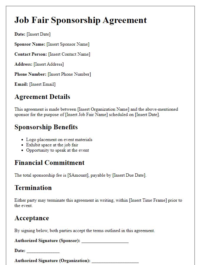 Letter template of Job Fair Sponsorship Agreement