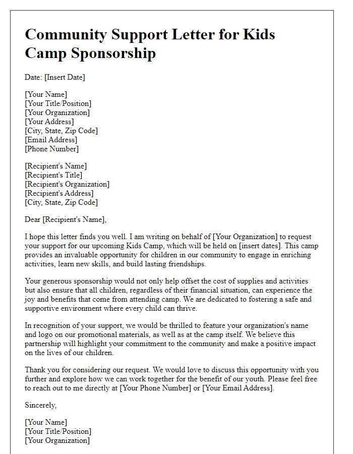 Letter template of community support for kids camp sponsorship