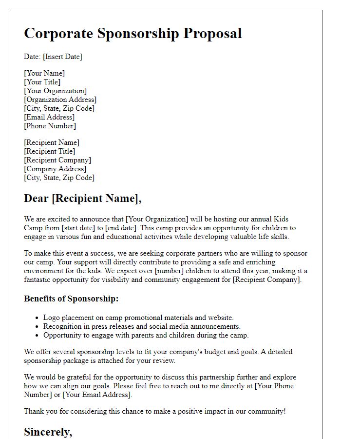 Letter template of corporate sponsorship for kids camp