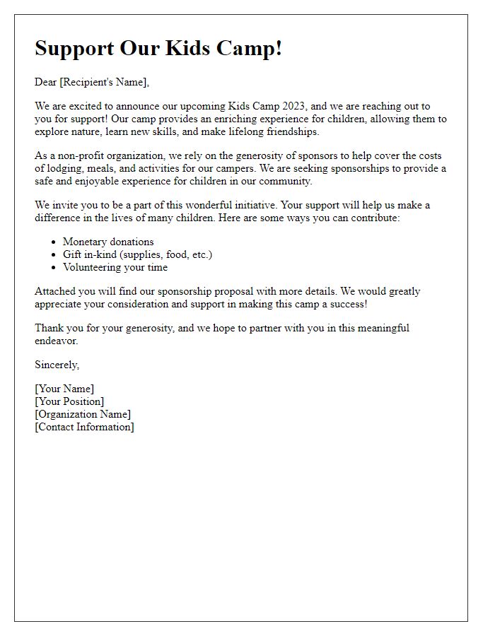 Letter template of kids camp sponsorship appeal