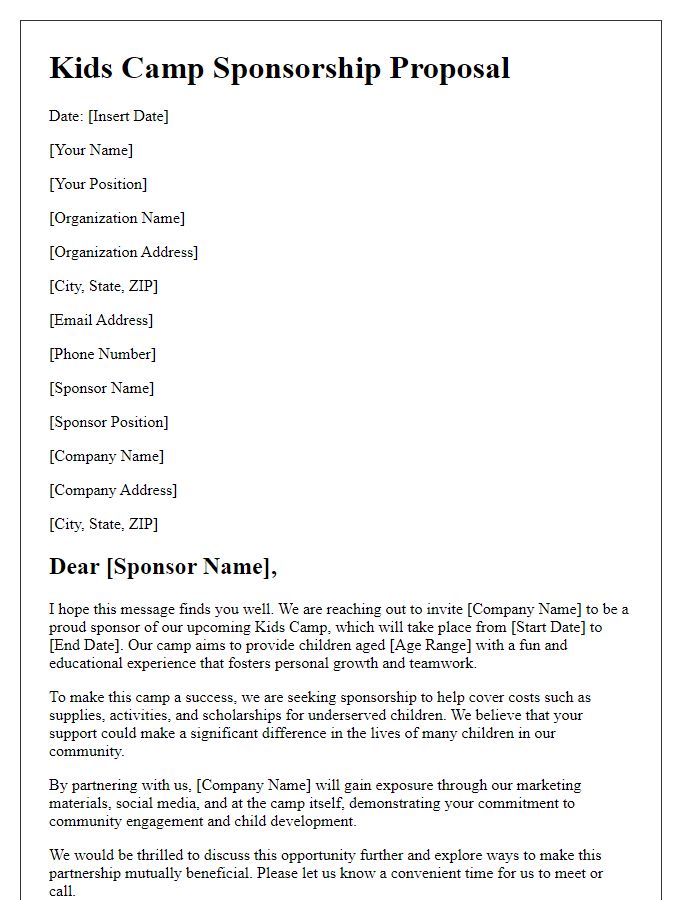 Letter template of kids camp sponsorship proposal