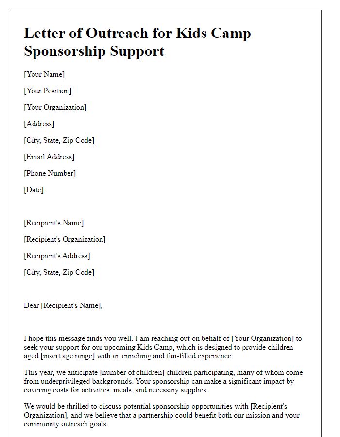 Letter template of outreach for kids camp sponsorship support