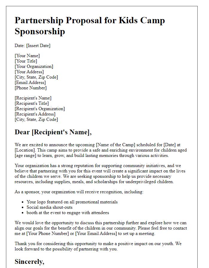 Letter template of partnering for kids camp sponsorship