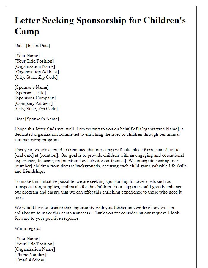 Letter template of seeking sponsorship for children's camp