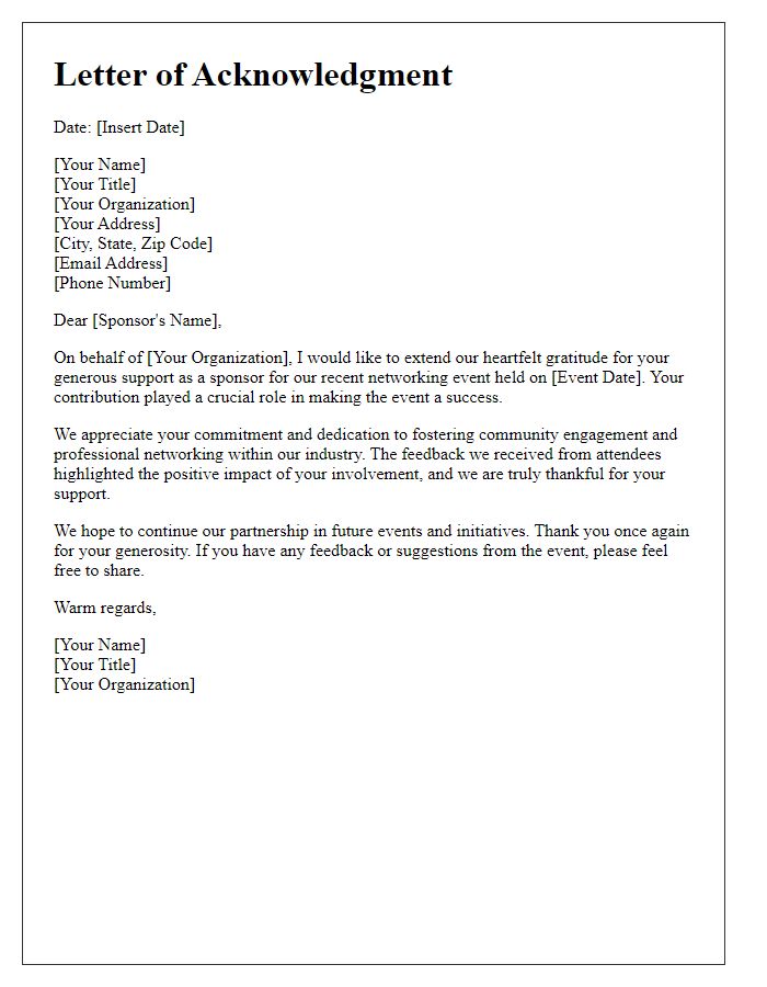 Letter template of acknowledgment for networking event sponsors