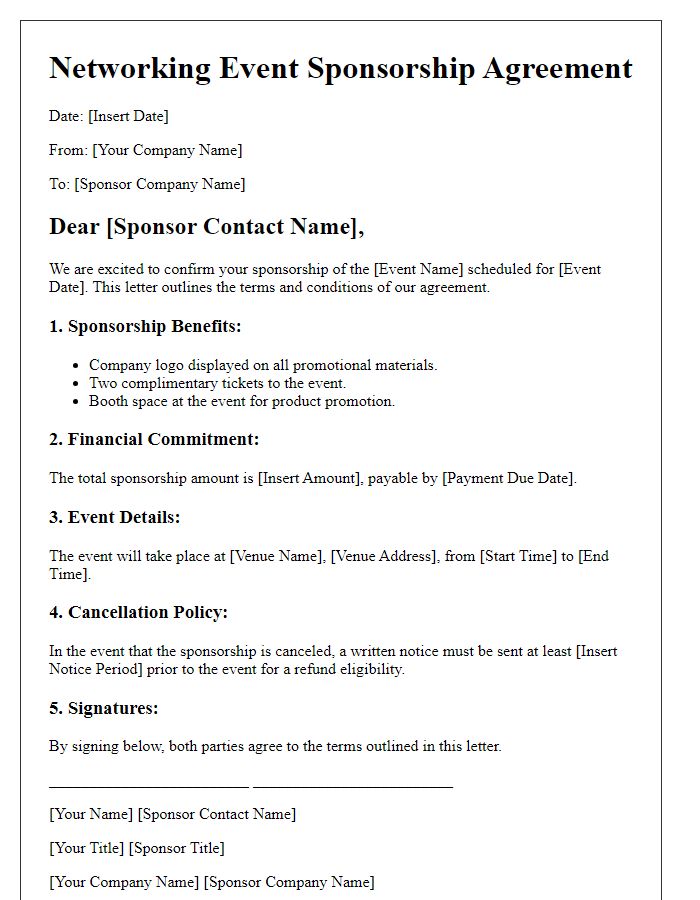 Letter template of agreement terms for networking event sponsorship