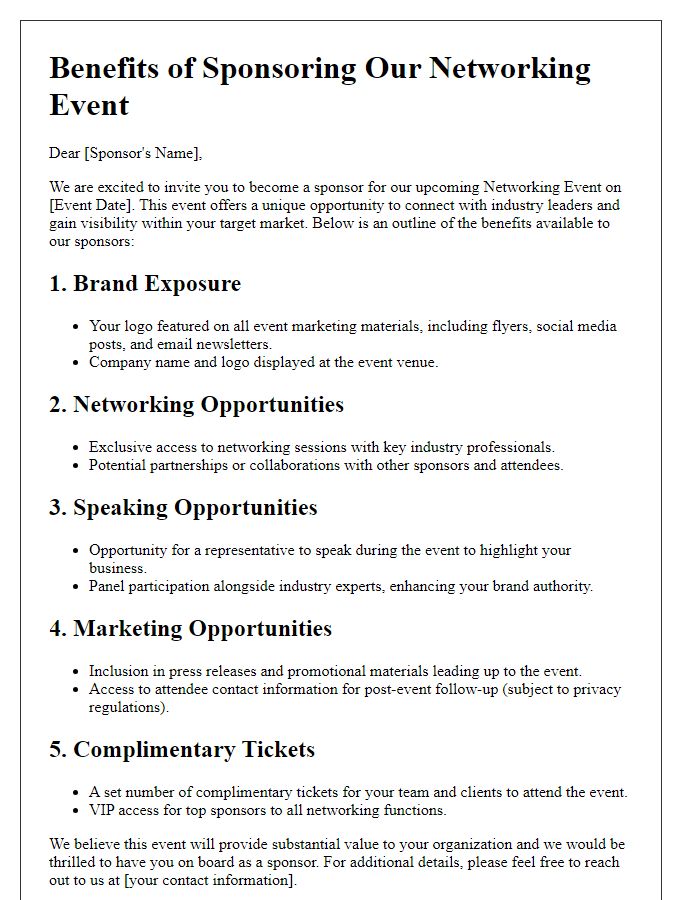 Letter template of benefits outline for networking event sponsors