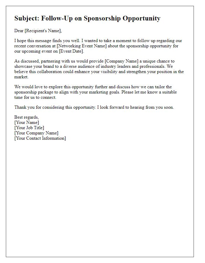 Letter template of follow-up for networking event sponsorship