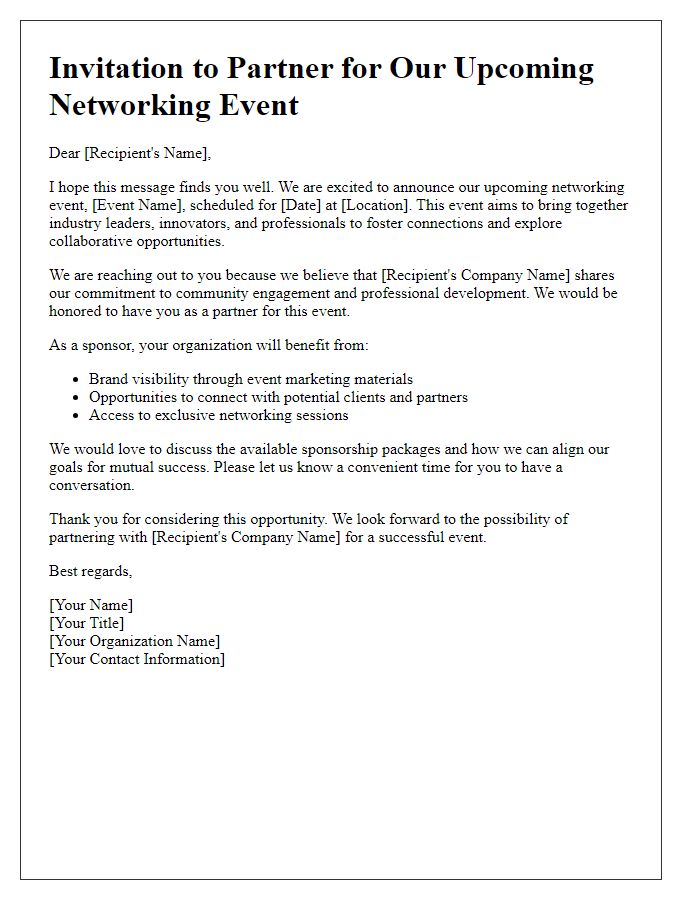 Letter template of partnership invitation for networking event sponsorship