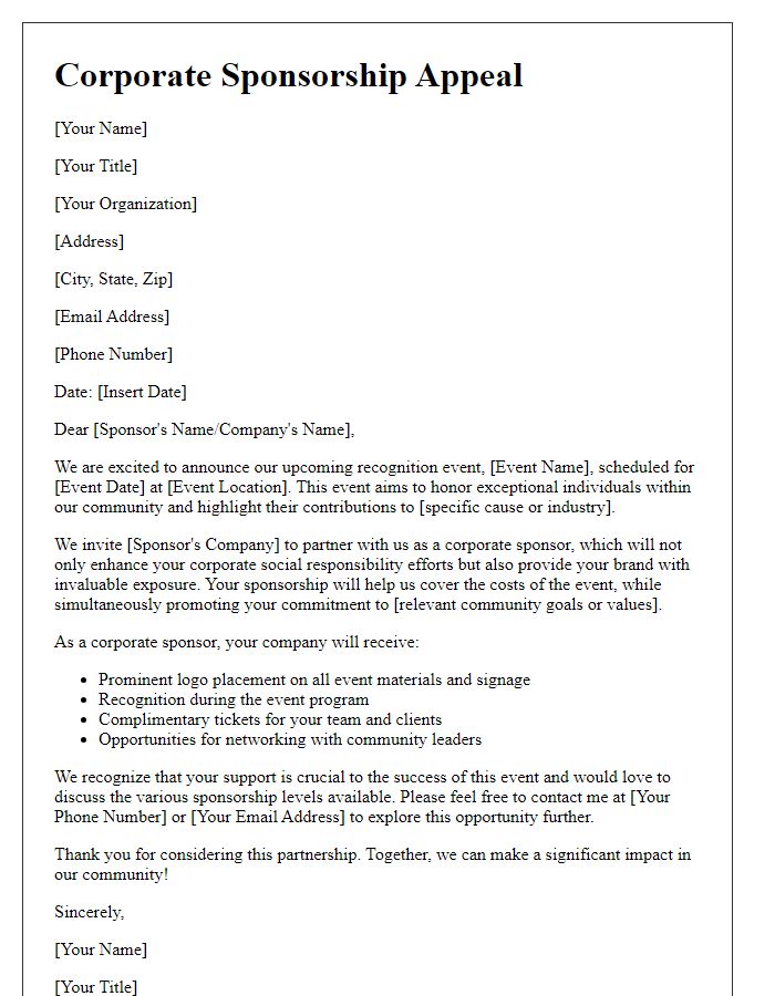 Letter template of corporate sponsorship appeal for recognition event.