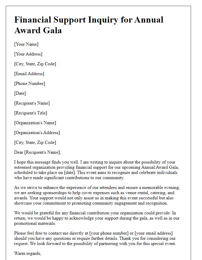 Letter template of financial support inquiry for award gala.