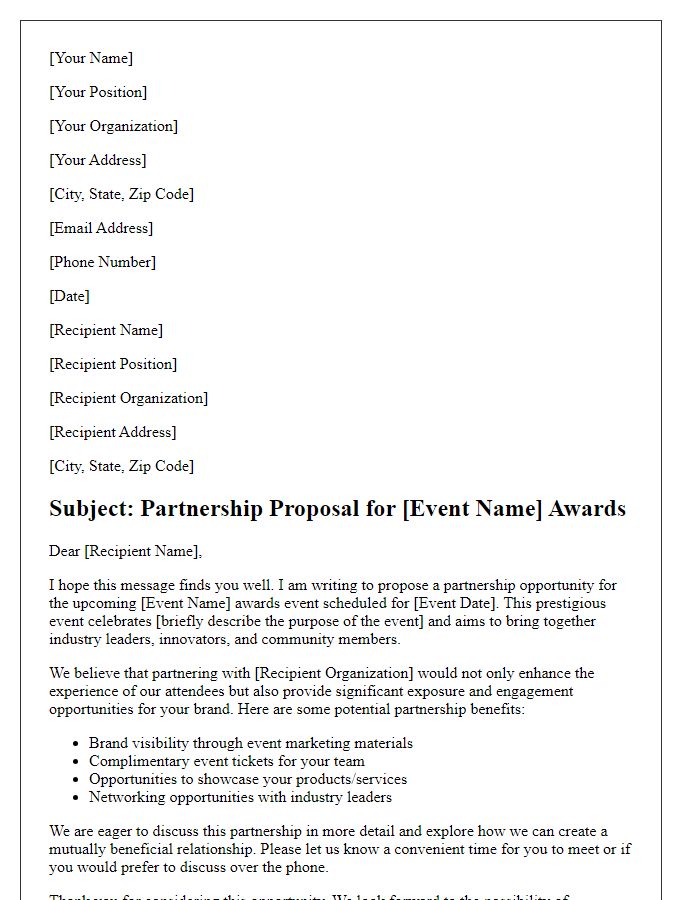 Letter template of partnership proposal for awards event.