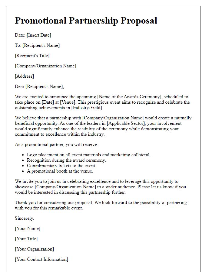 Letter template of promotional partnership for awards ceremony.